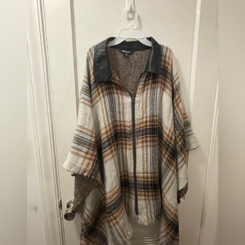 Ulla Popken Plaid Poncho with Black Collar